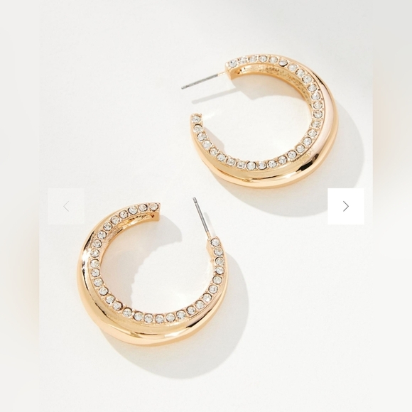 ANTHROPOLOGIE, Pave Open Hoop Earrings, Gold Tone- NEW! - Picture 1 of 5
